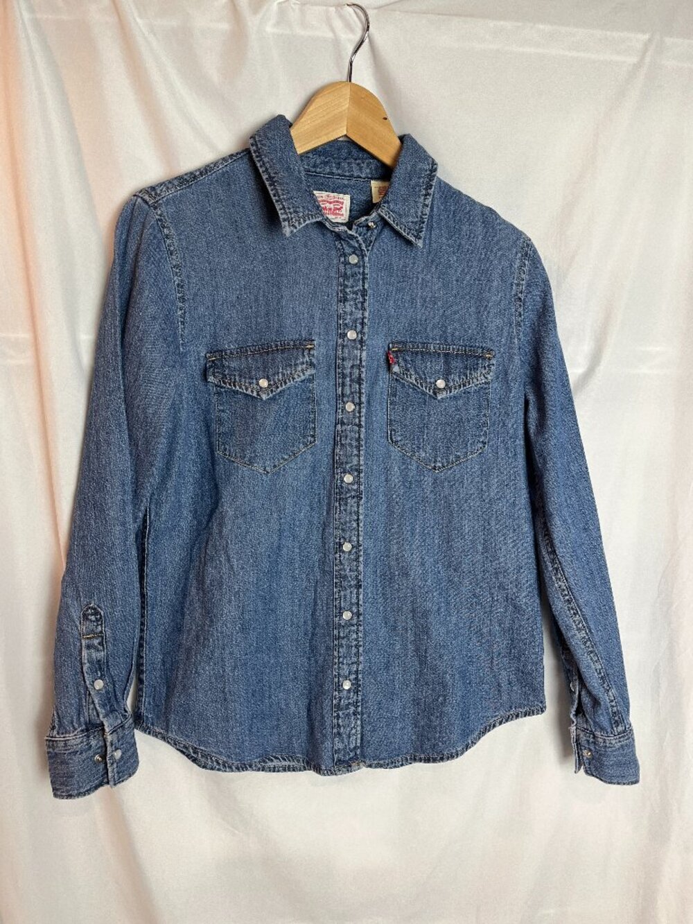 Original Levis Chambray Blue Denim Pearl Snap Shirt Size XS